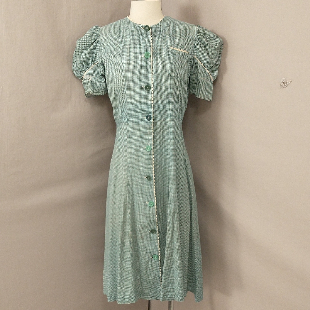 Thirties Work Dress Old Gingham Check Cotton Casual Midi 1930s - 40s Well Worn